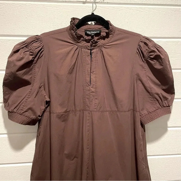 En Saison Maxi Balloon Sleeve Asymmetrical Boho Keyhole Poplin Dress in Brown L - Picture 4 of 13